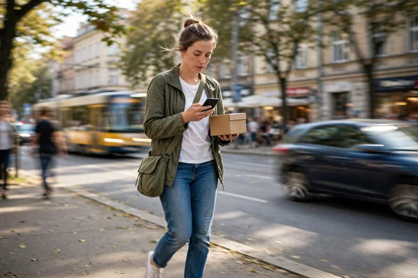 Kobieta idąca miejskim chodnikiem i trzymająca w ręku małe pudełko oraz telefon.