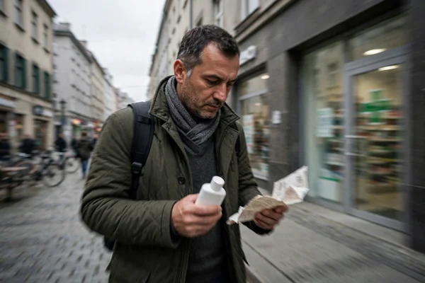 Mężczyzna w średnim wieku idzie ulicą polskiego miasta w świetle dziennym, trzymając w ręku listę zakupów oraz butelkę kapsułek przed apteką.