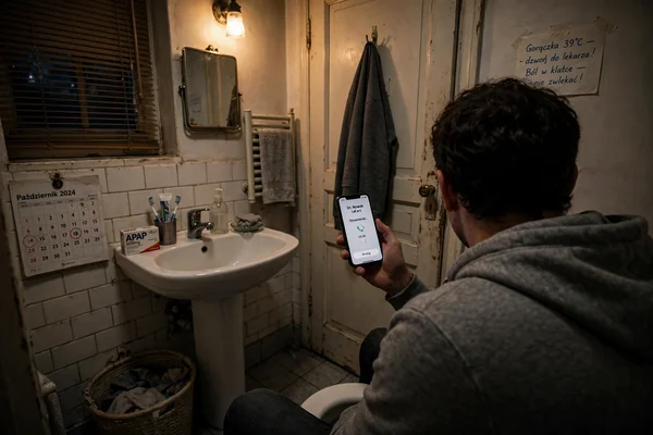 Mężczyzna siedzący na brzegu toalety w łazience trzyma telefon w ręku, szukając pilnej pomocy medycznej.