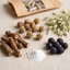 Elegancka kompozcyjna martwa natura przedstawiająca składniki suplementu Muscle Gain: korzeń sarsaparilli, korzeń tribulus terrestris, ziele owsa, owoce palmy sabałowej oraz proszek L-argininy.